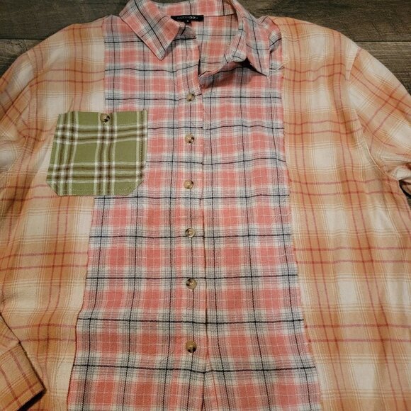 Papermoon Patchwork Oversized Plaid Flannel Button Down Top.  Size Small.  23" A - Picture 4 of 6
